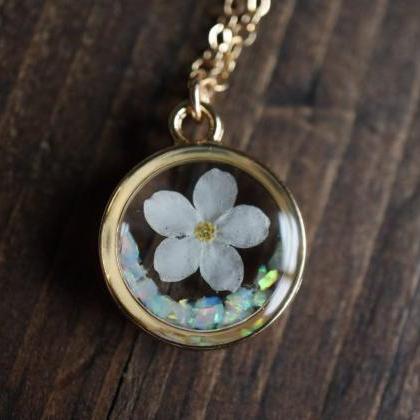 White Forget Me Not - Opal Necklace / Pressed..