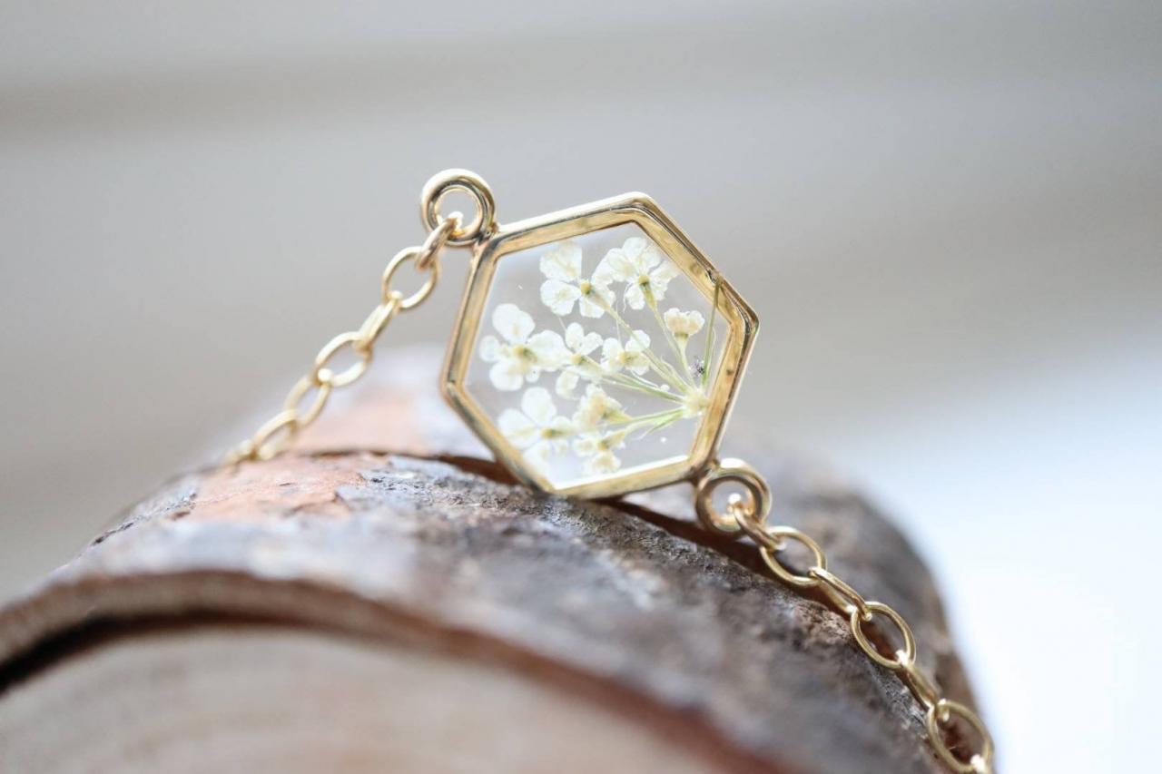 White Queen Anne's Lace Bracelet / Preserved Flower Jewelry / 14k Gold Filled Chain / Gift For Her