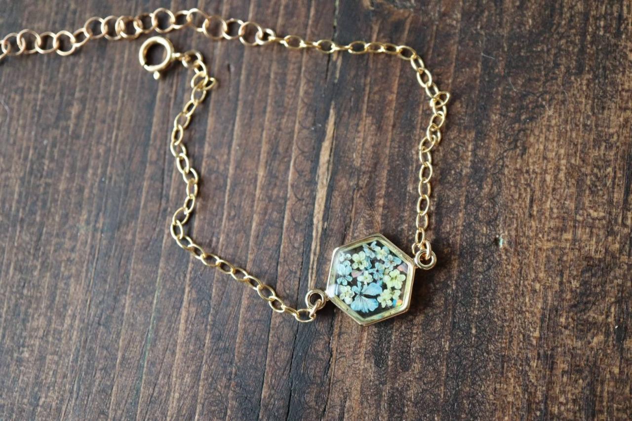 Light Blue Queen Anne's Lace Bracelet / Preserved Flower Jewelry / Gold Filled Bracelet / Resin Jewelry