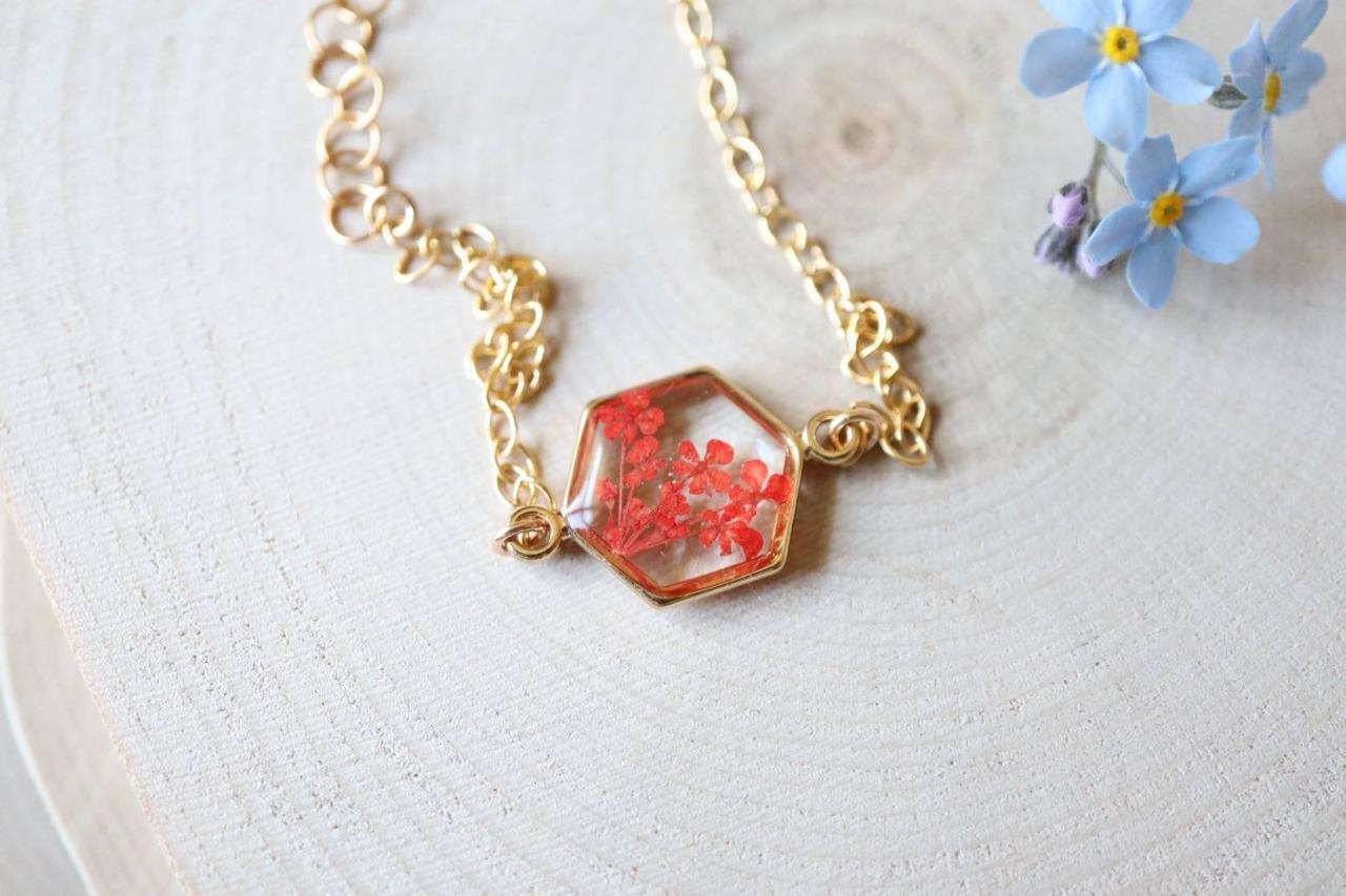 Red Queen Anne's Lace Bracelet / Preserved Flower Jewelry / 14k Gold Filled Chain / Resin Jewelry