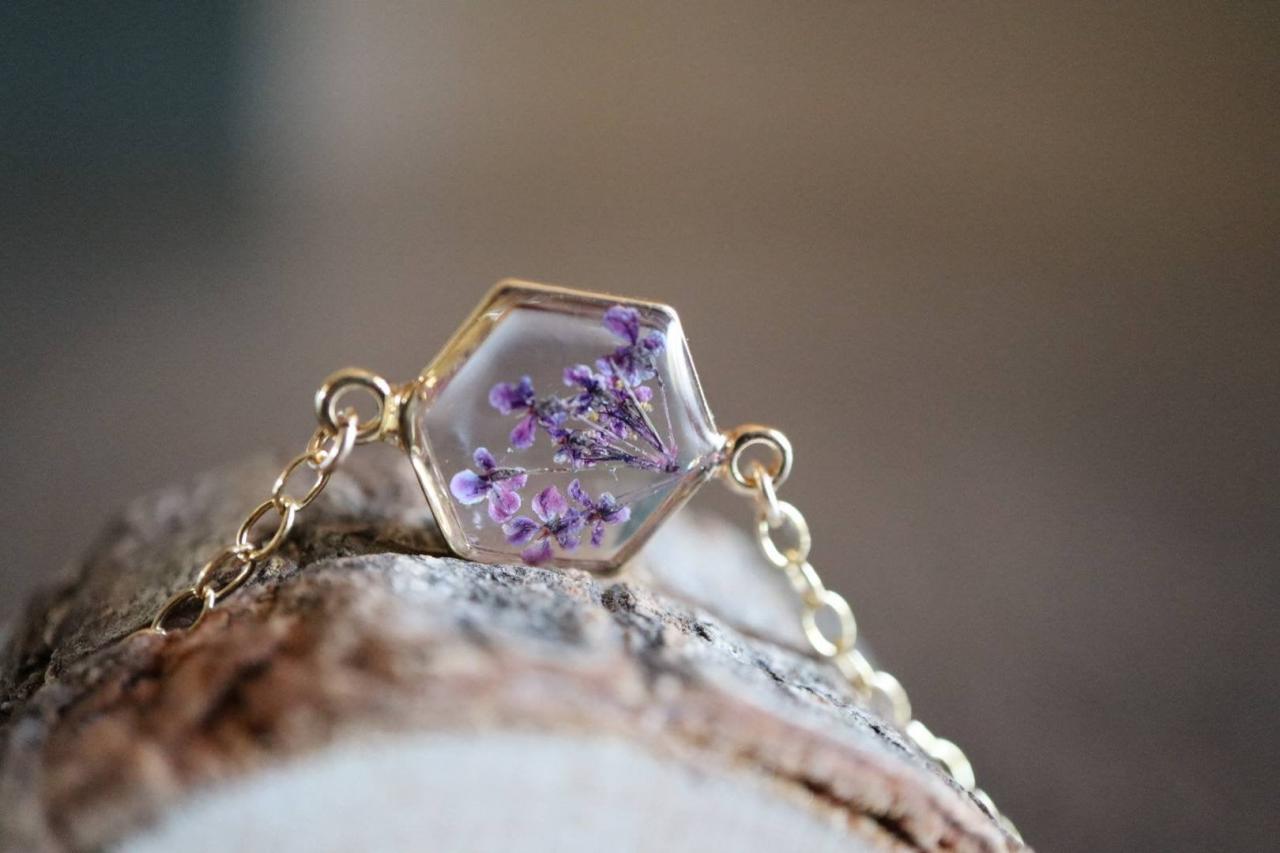 Purple Queen Anne's Lace Bracelet / Preserved Flower Jewelry / Gold Filled Bracelet / Resin Jewelry