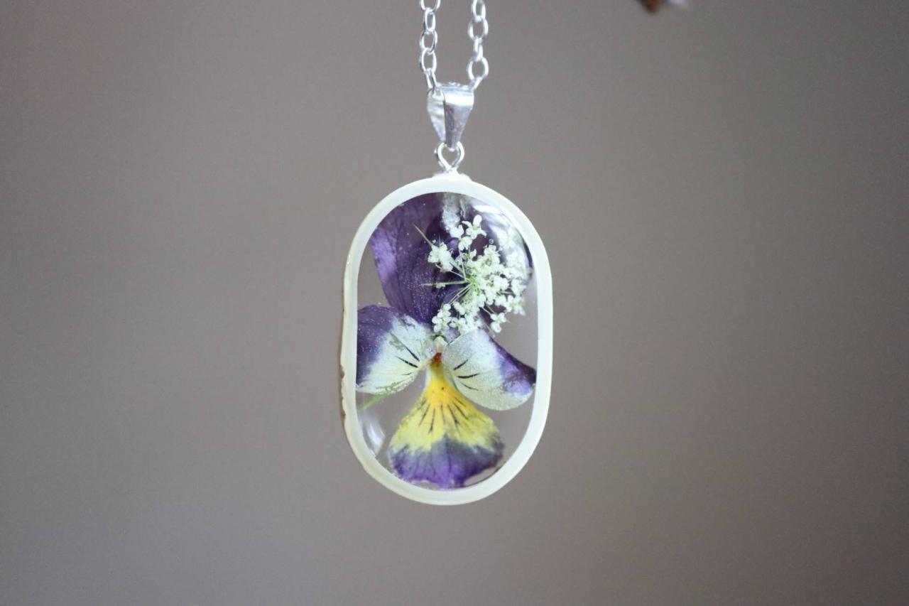 Real Pansy Necklace / Preserved Flower Jewelry / Gift For Her / 925 Sterling Silver Necklace