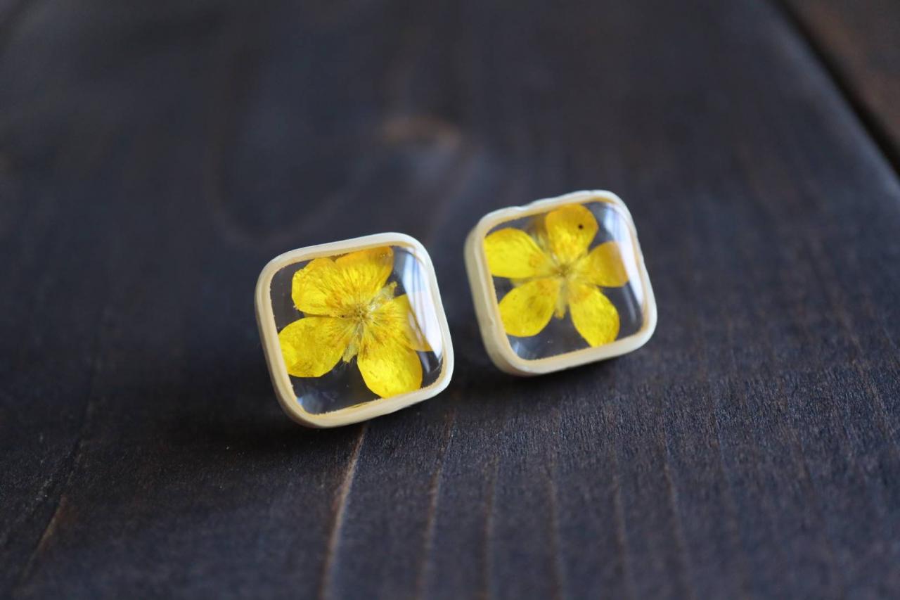 Buttercup Stud Earrings / Real Flower Jewelry / Lovely Gift For Her / Resin Jewelry