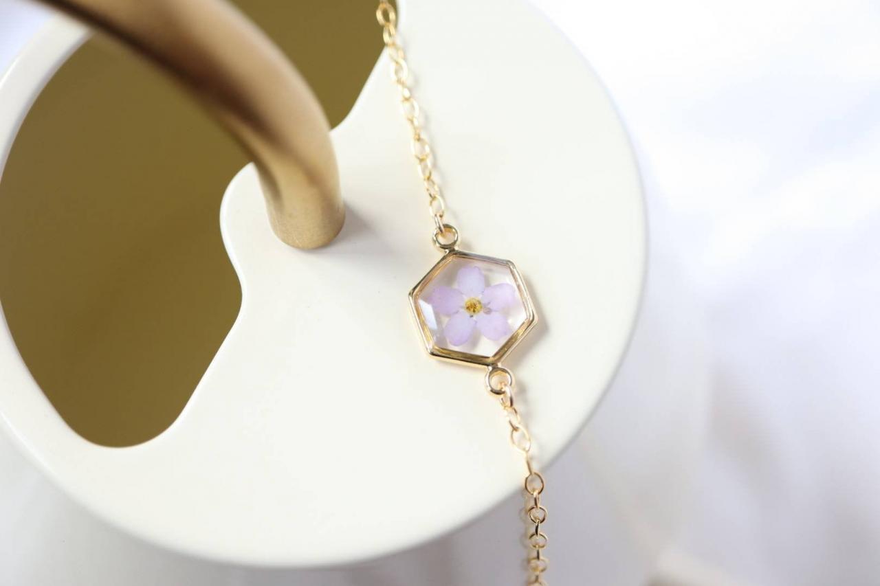 Violet Forget Me Not Bracelet / Real Flower Jewelry / 14K Gold Filled Chain / Adorable Gift