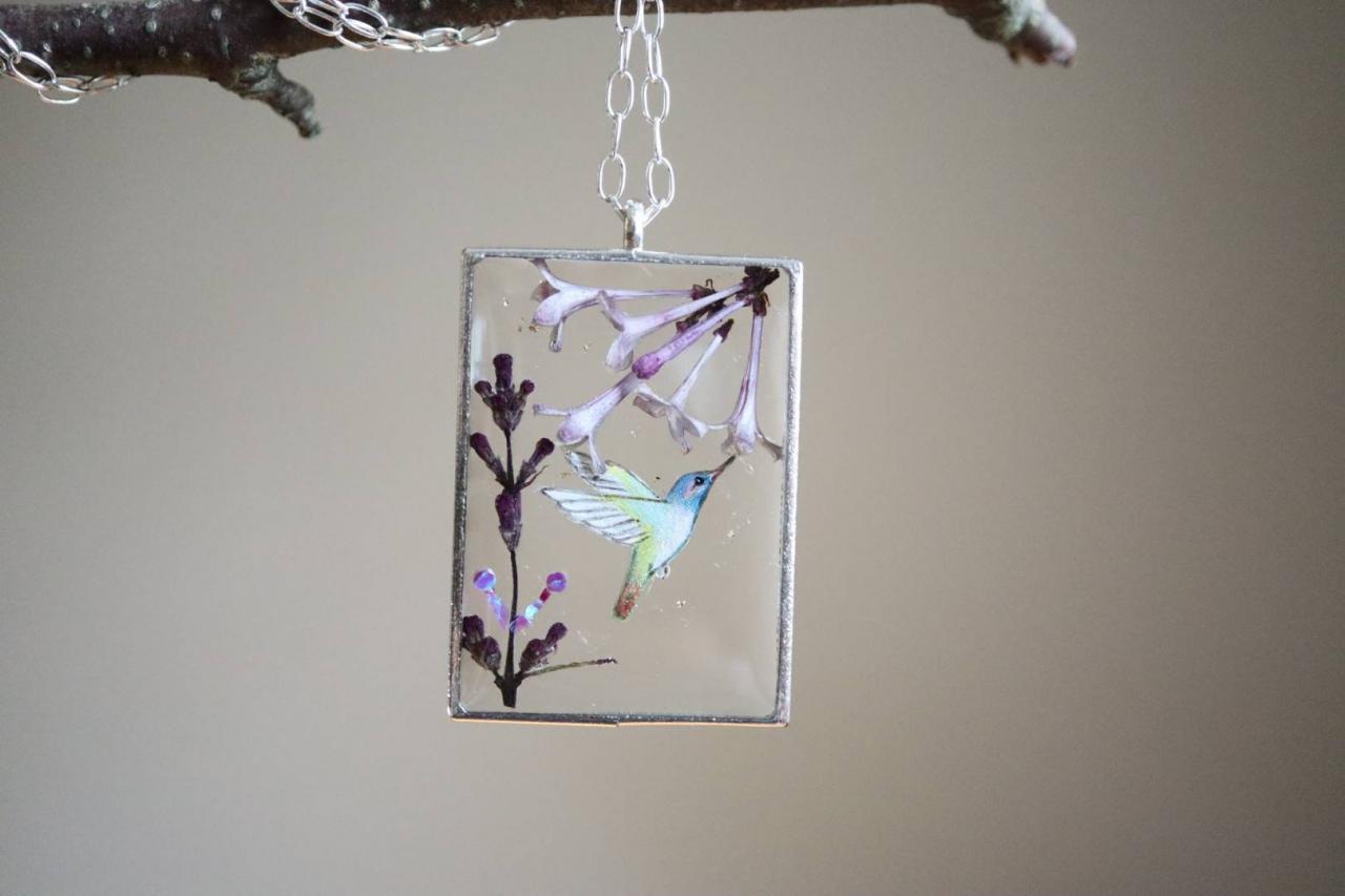 Hummingbird Necklace / Hand-painting with Real Lilac Flower / 925 Sterling Silver Chain