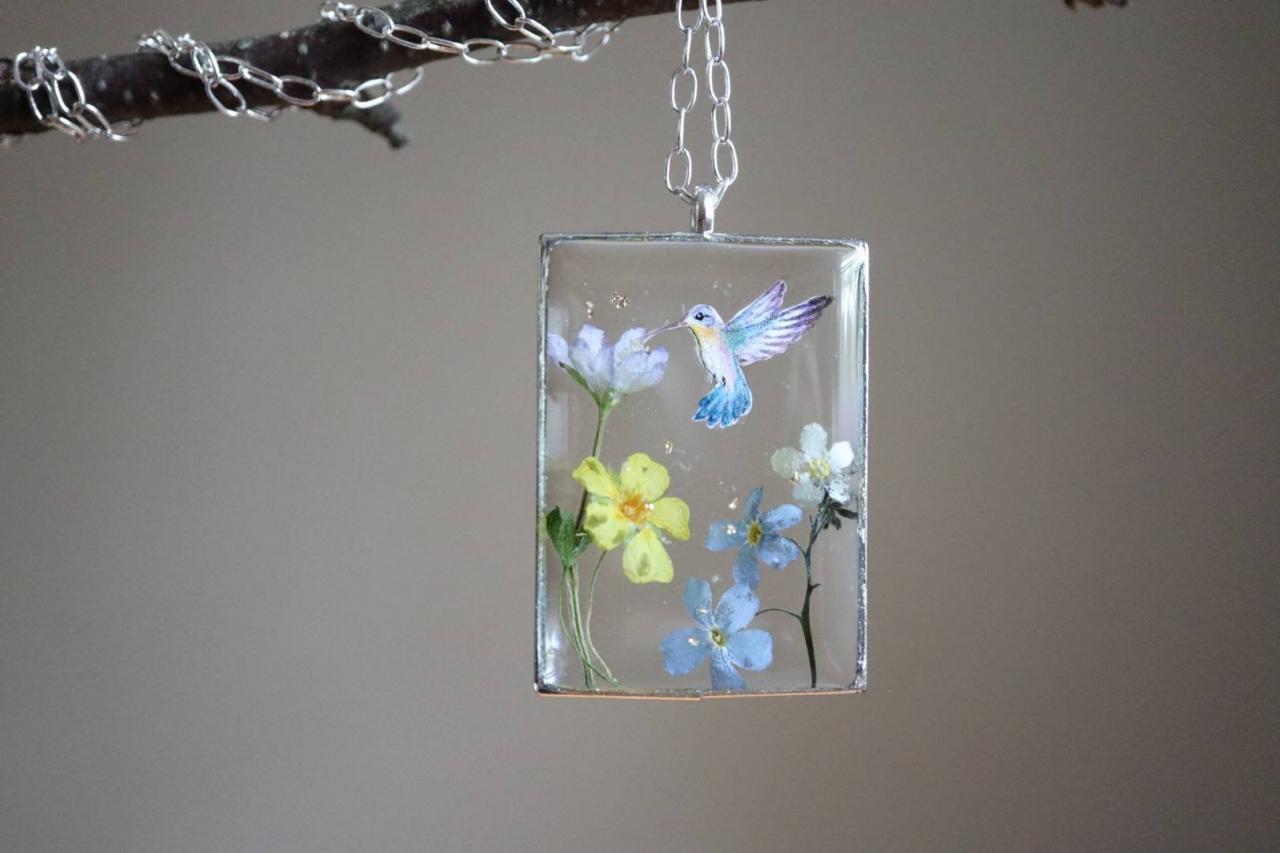 Hummingbird Necklace / Hand-painting with Real Wildflowers / 925 Sterling Silver Chain