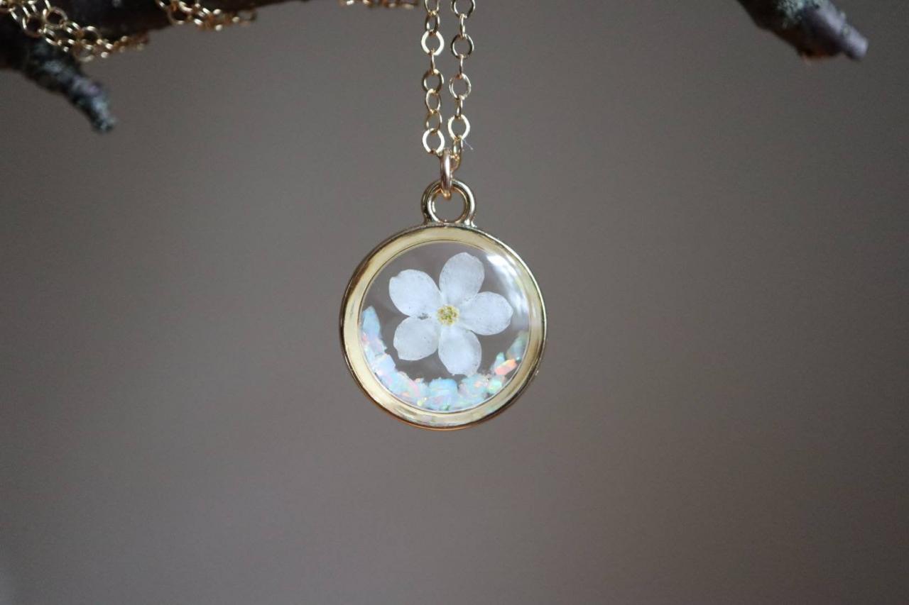 White Forget Me Not - Opal Necklace / Pressed Flower Jewelry / 14k Gold Filled Chain