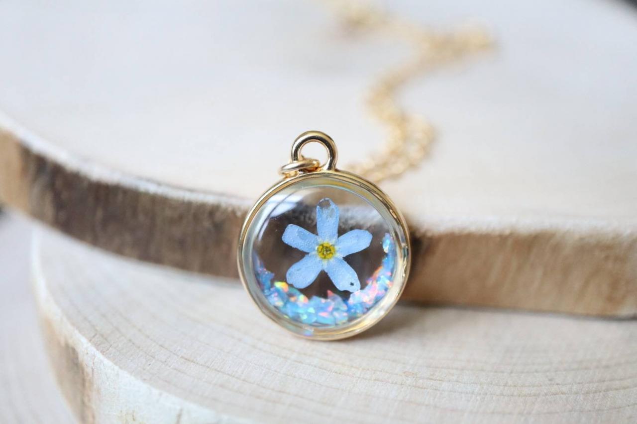 Blue Forget Me Not - Opal Necklace / Pressed Flower Jewelry / 14k Gold Filled Chain