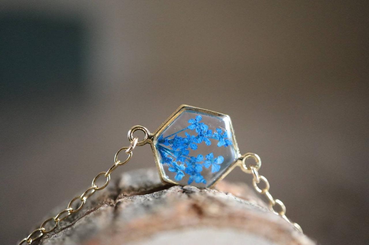 Blue Queen Anne's Lace Bracelet / Preserved Flower Jewelry / Gold Filled Bracelet / Resin Jewelry