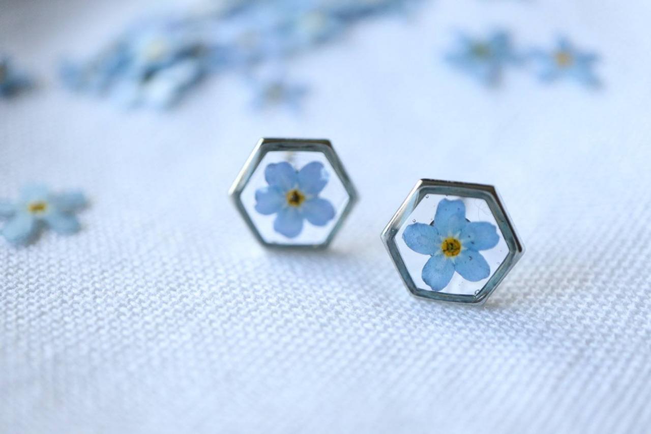 Blue Forget Me Not Studs-Hexagon / Pressed Flower Earrings / Resin Jewelry / Adorable Gifts