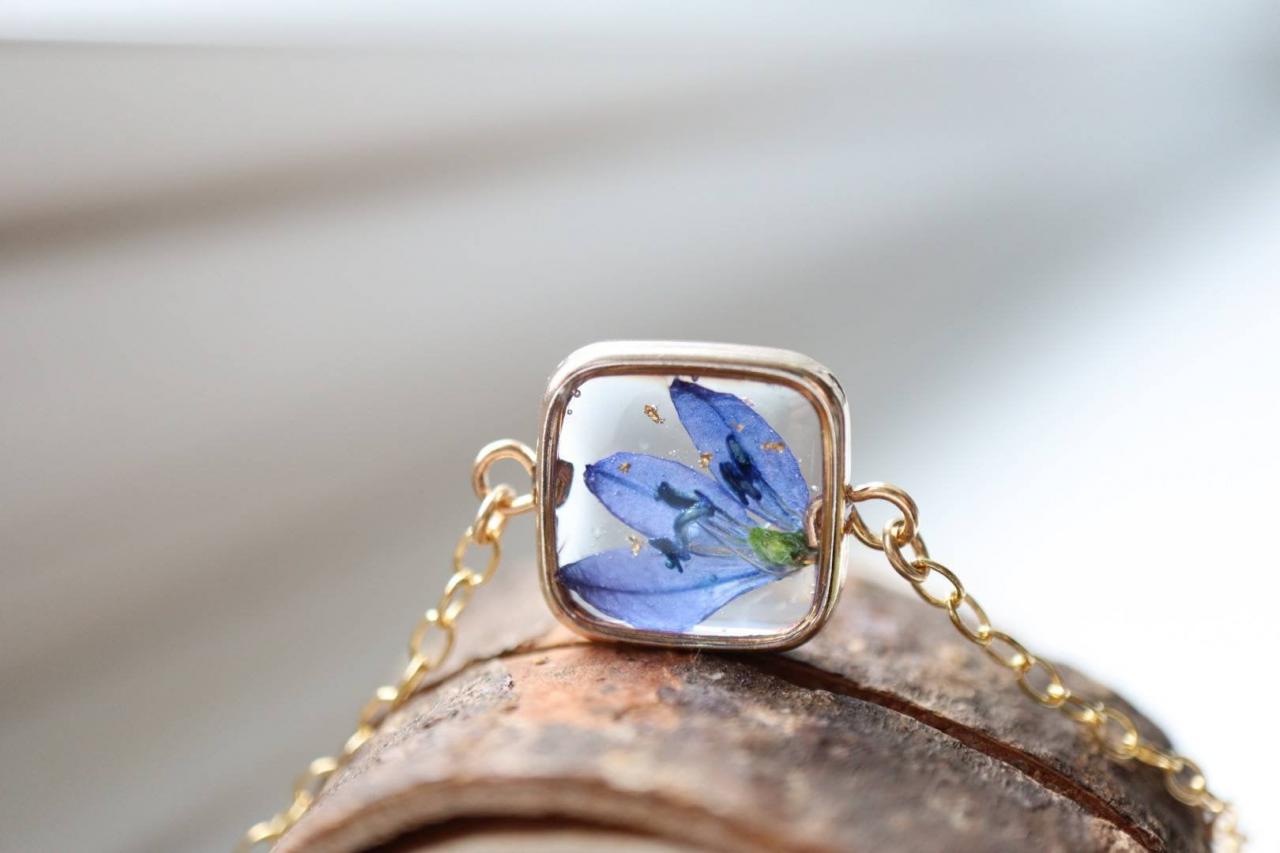 Blue Wildflower Bracelet / Real Flower Jewelry / Gold Filled Chain / Nature Gift