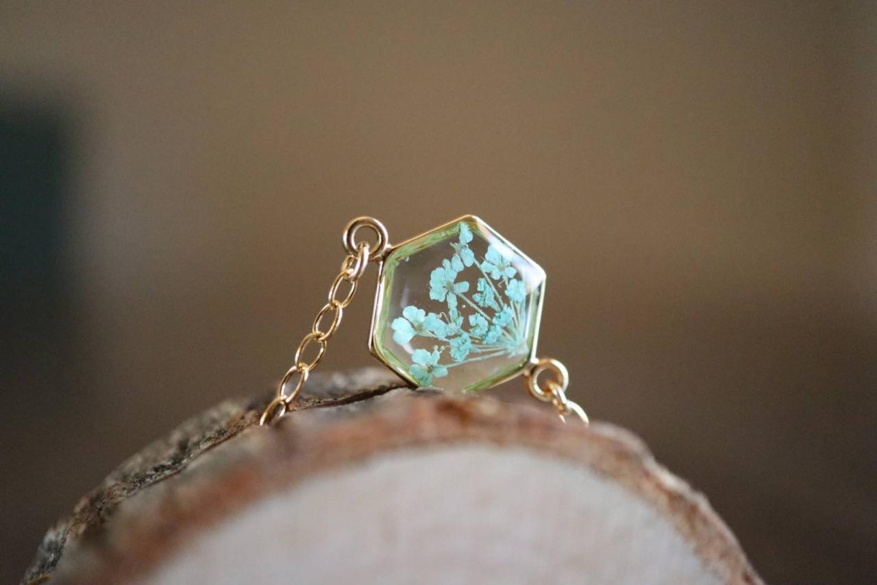 Mint Queen Anne's Lace Bracelet / Preserved Flower Jewelry / Gold Filled Bracelet / Resin Jewelry