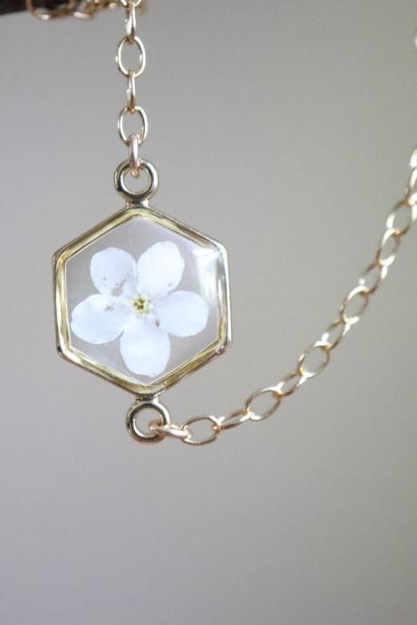 White Forget Me Not Bracelet / Real Flower Jewelry / 14k Gold Filled Chain / Cute Gift For Her