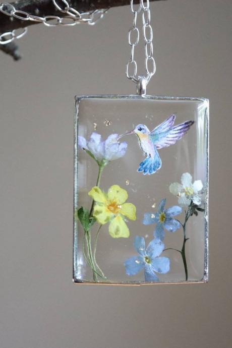 Hummingbird Necklace / Hand-painting with Real Wildflowers / 925 Sterling Silver Chain