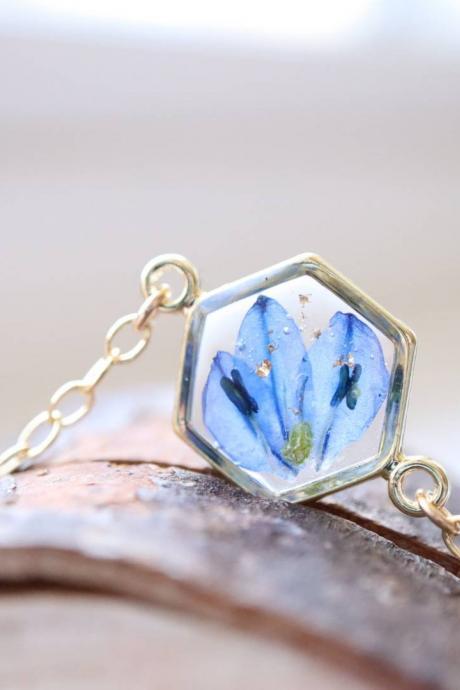 Siberian Squill Bracelet / Preserved Flower Jewelry / 14k Gold Filled Chain / Adorable Gift