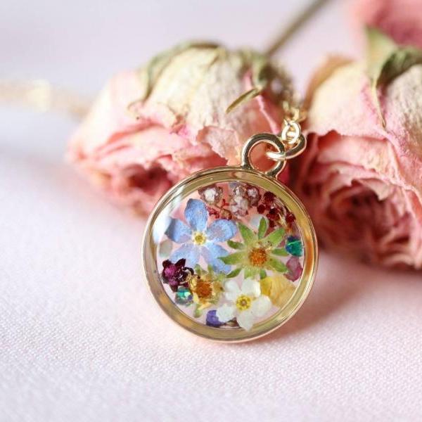 Assorted Wildflower Necklace / 14k Gold Filled Chain / Real Flower Jewelry / Gift For Her