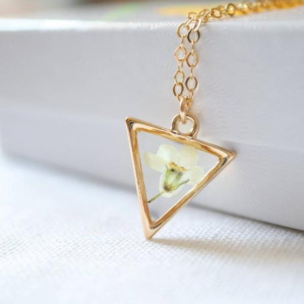 White Forget Me Not Necklace_Triangle / Pressed Flower Necklace / Gold Filled Chain